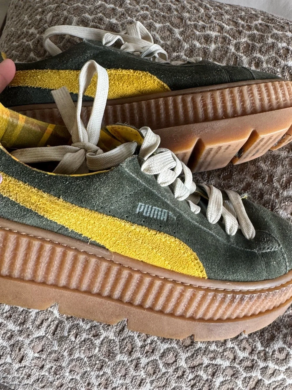 FENTY by Rihanna x Puma Olive Suede Platform Creeper Sneakers with Yellow Stripe